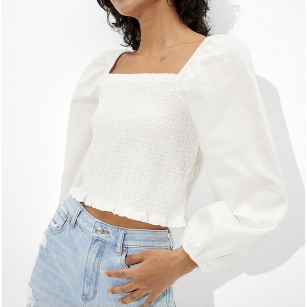 Aerie Smocked Long Sleeve Ivory Square Neck Peasant Boho Cottage Top Size M NWT